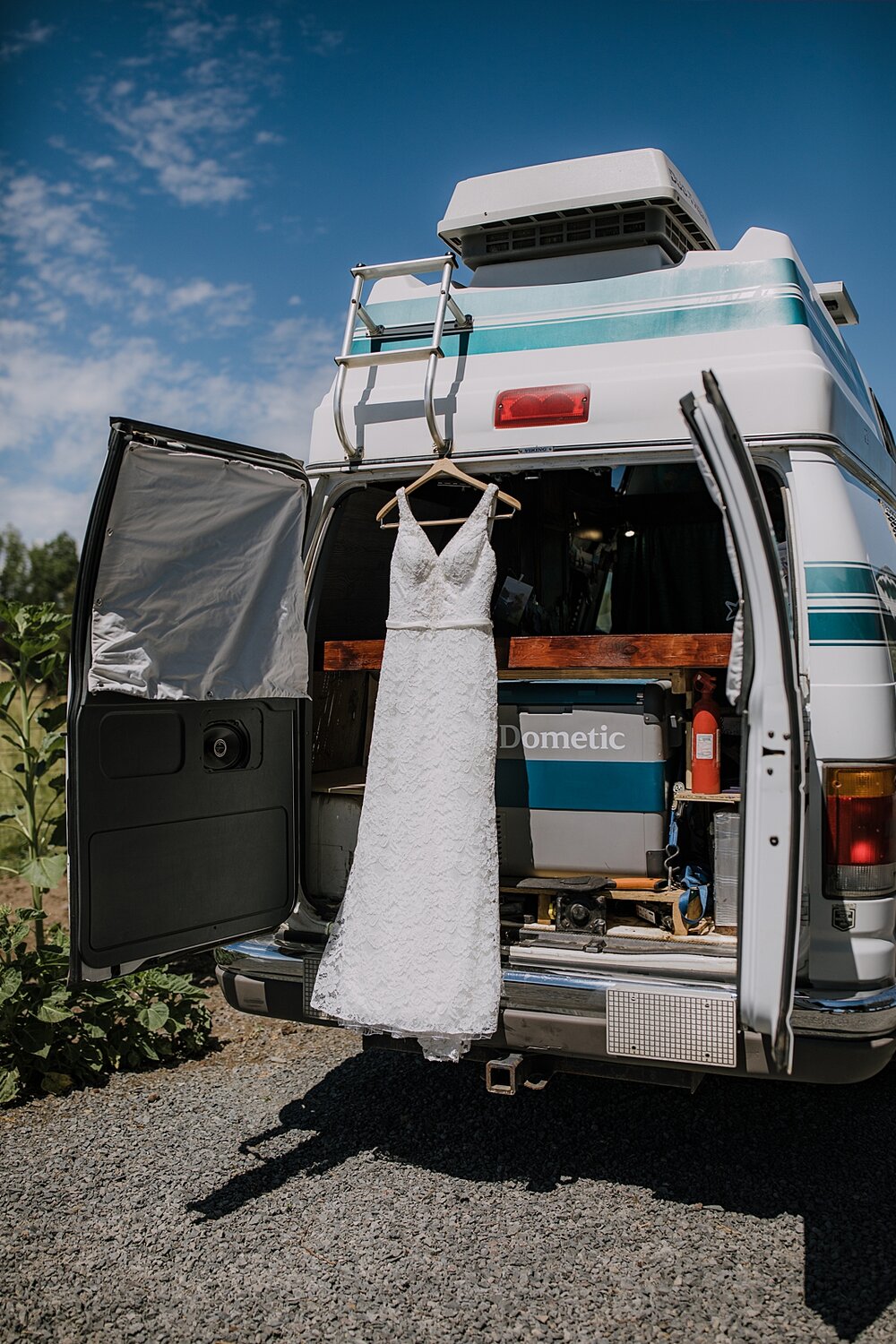 brides dress, ford ecoline van living wedding, mt hood national forest, smith rock state park wedding, smith rock state park hiking elopement, terrebonne oregon backyard wedding