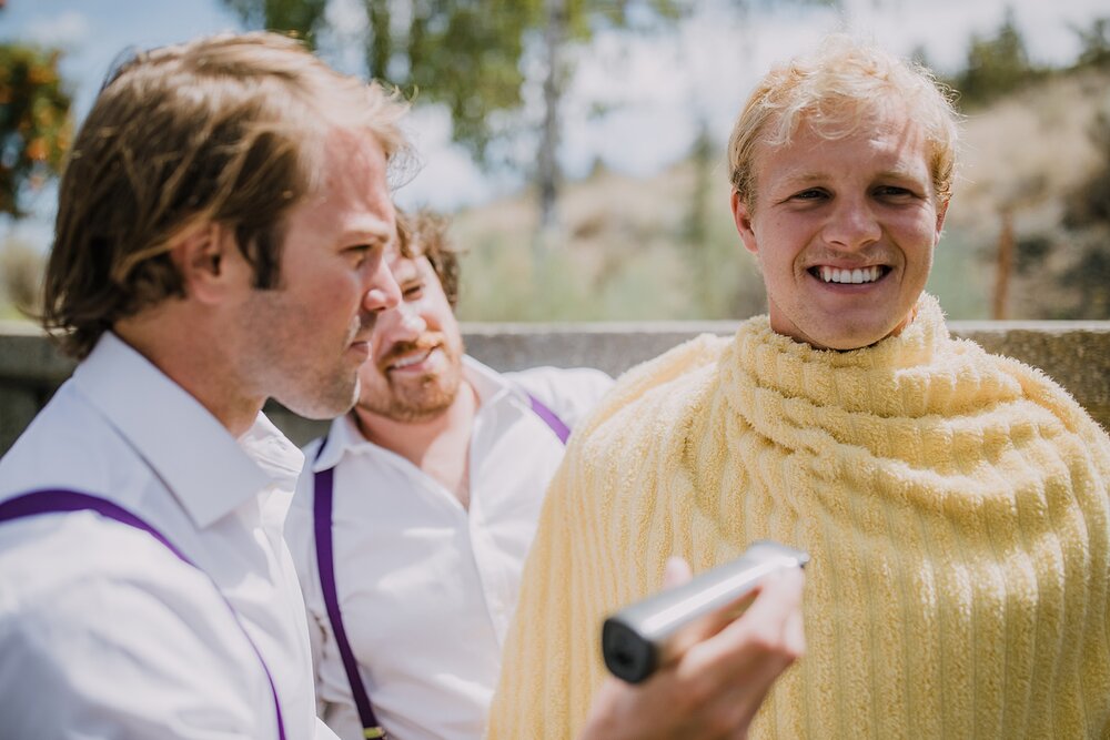 groom shaving mustache, mt hood elopement, mt hood wedding, mt hood national forest, smith rock state park wedding, smith rock state park hiking elopement, terrebonne oregon backyard wedding