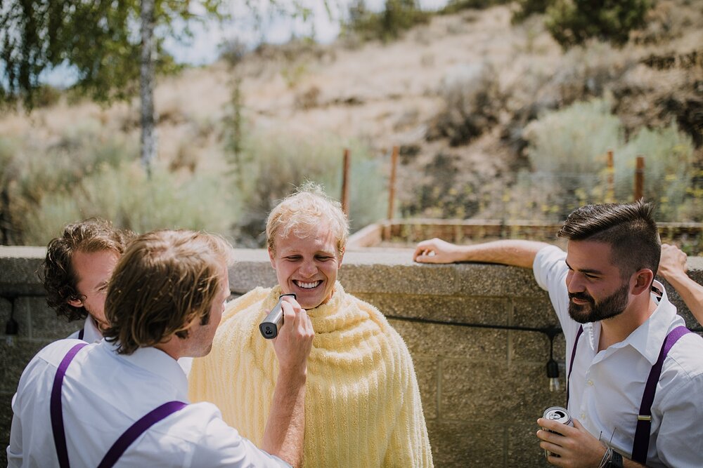 groom shaving mustache, mt hood elopement, mt hood wedding, mt hood national forest, smith rock state park wedding, smith rock state park hiking elopement, terrebonne oregon backyard wedding