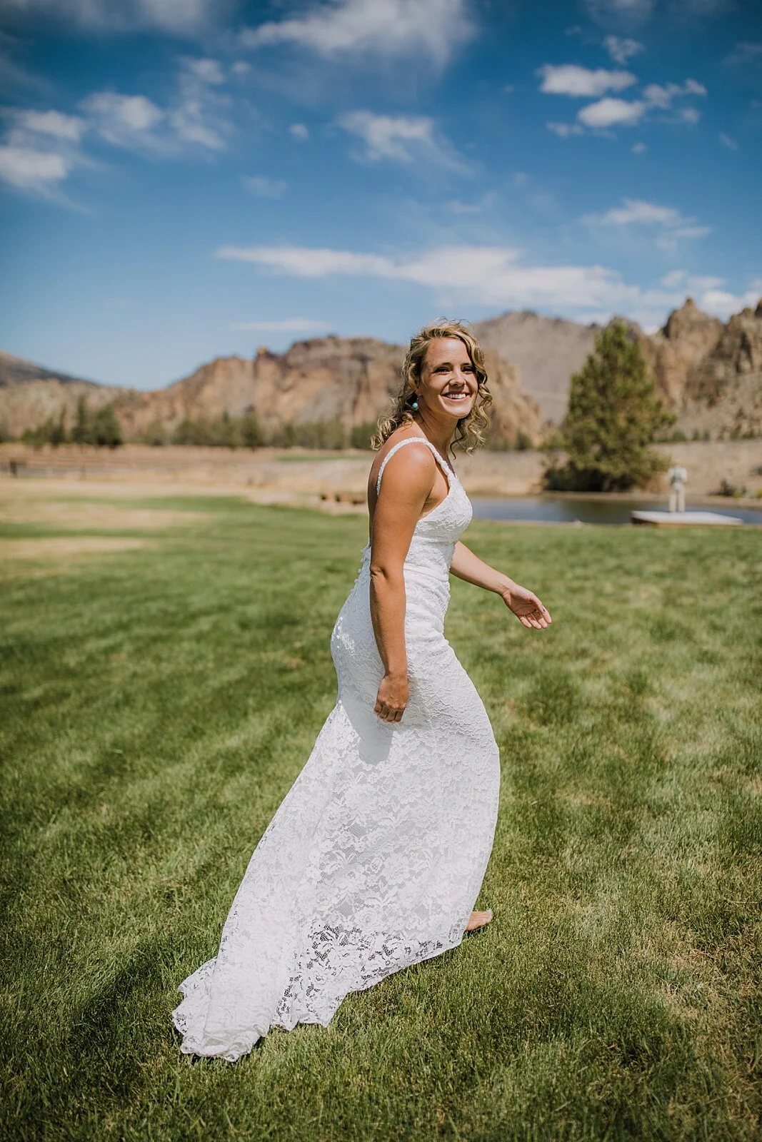 bride walking to groom for first look, mt hood elopement, mt hood national forest, smith rock state park wedding, smith rock state park hiking elopement, terrebonne oregon backyard wedding