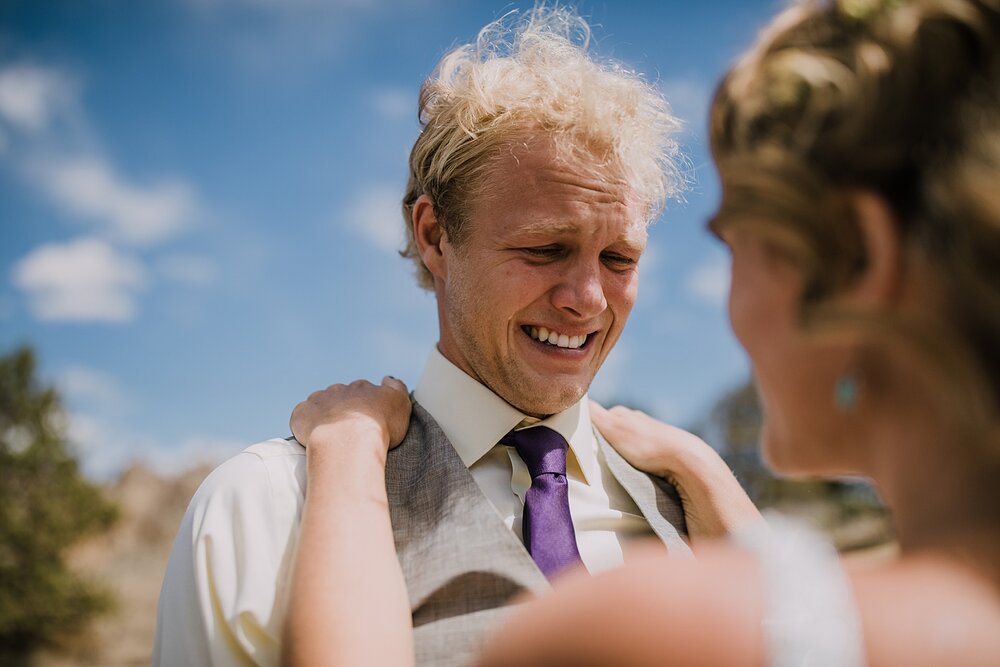 groom crying, bride and groom first look, mt hood elopement, mt hood national forest, smith rock state park wedding, smith rock state park hiking elopement, terrebonne oregon backyard wedding