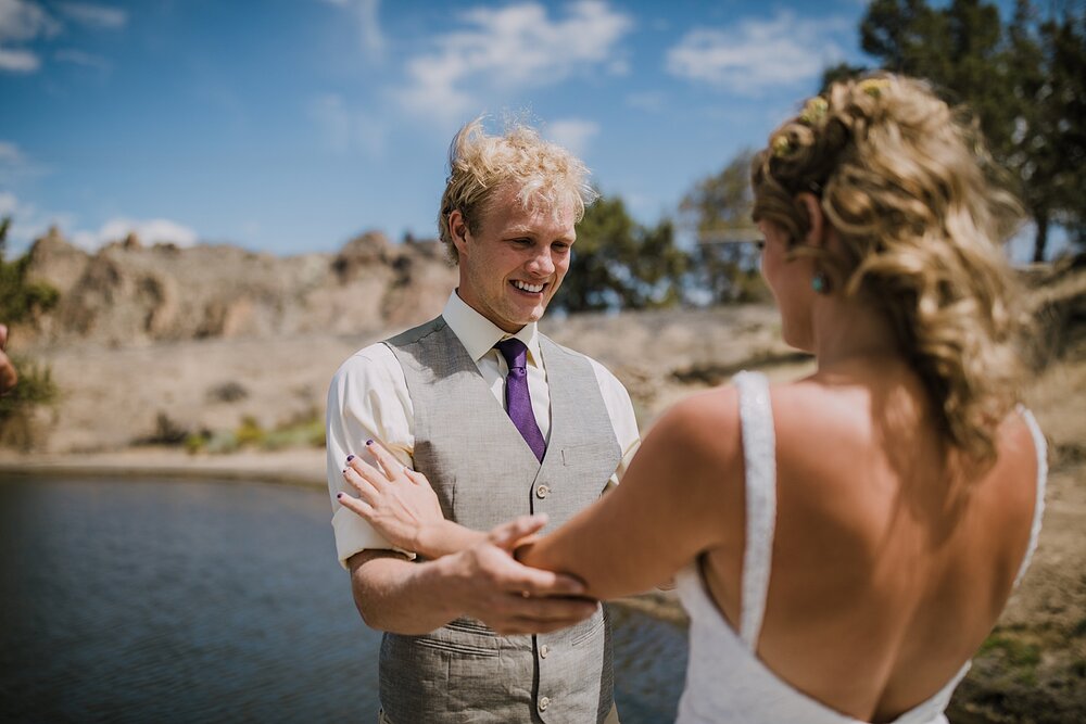 bride and groom first look on lake dock, mt hood elopement, mt hood national forest, smith rock state park wedding, smith rock state park hiking elopement, terrebonne oregon backyard wedding