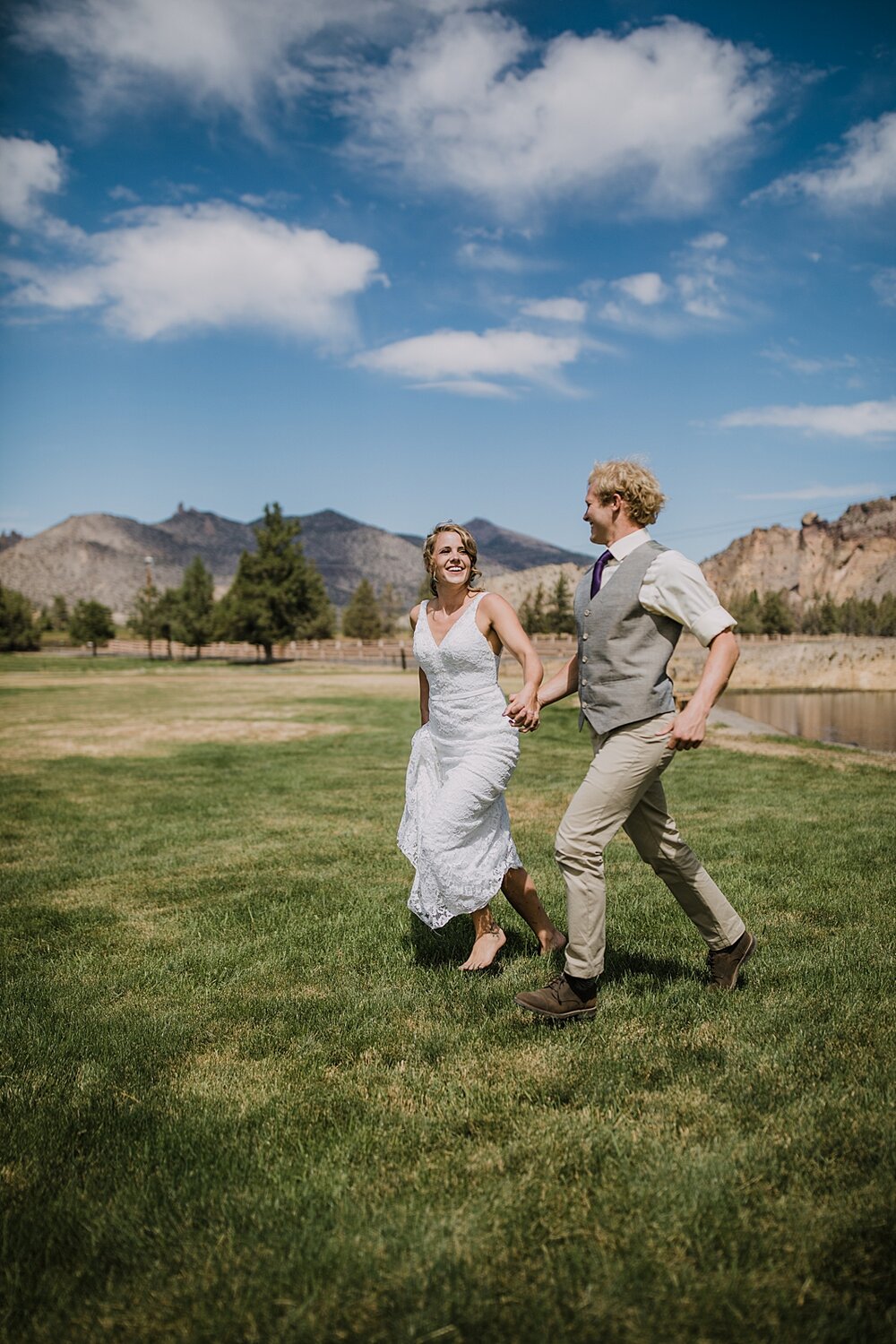 bride and groom walking back from first look, mt hood elopement, mt hood national forest, smith rock state park wedding, smith rock state park hiking elopement, terrebonne oregon backyard wedding