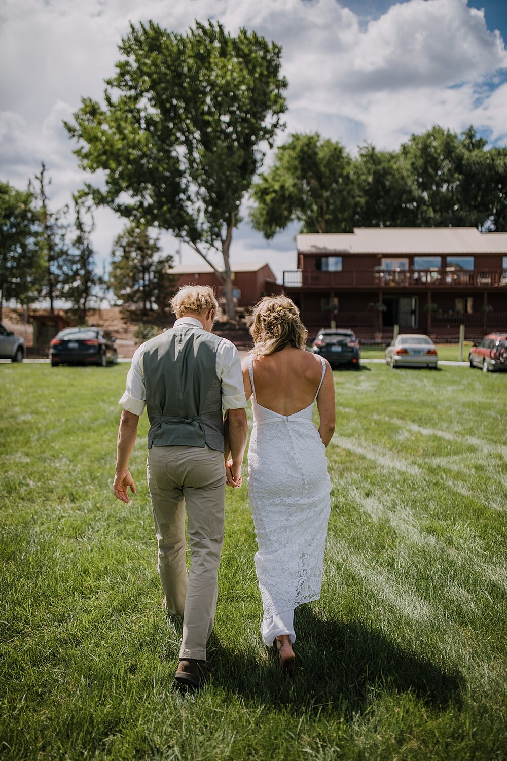 bride and groom walking back from first look, mt hood elopement, mt hood national forest, smith rock state park wedding, smith rock state park hiking elopement, terrebonne oregon backyard wedding