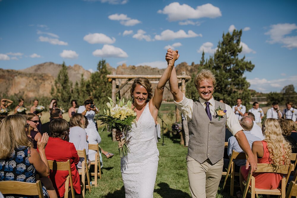 bride and groom walking down aisle, mt hood elopement, mt hood national forest, smith rock state park wedding, smith rock state park hiking elopement, terrebonne oregon backyard wedding