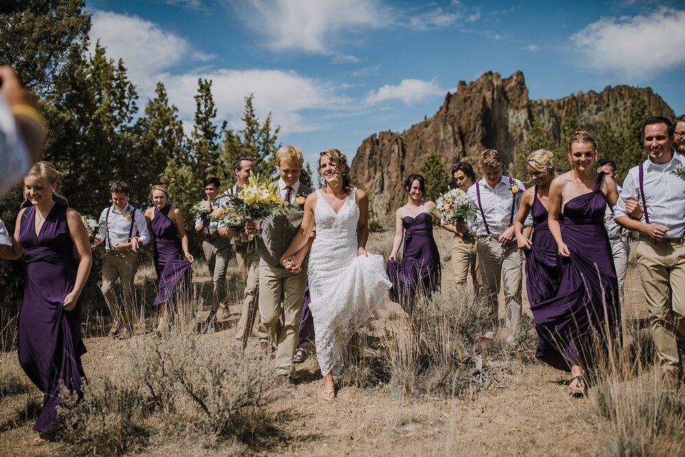 bridal party at smith rock state park, mt hood elopement, mt hood national forest, smith rock state park wedding, smith rock state park hiking elopement, terrebonne oregon backyard wedding