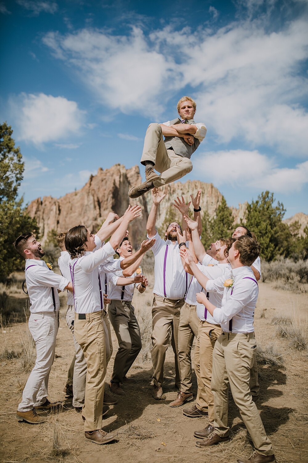 groomsmen toss groom into air, mt hood elopement, mt hood national forest, smith rock state park wedding, smith rock state park hiking elopement, terrebonne oregon backyard wedding