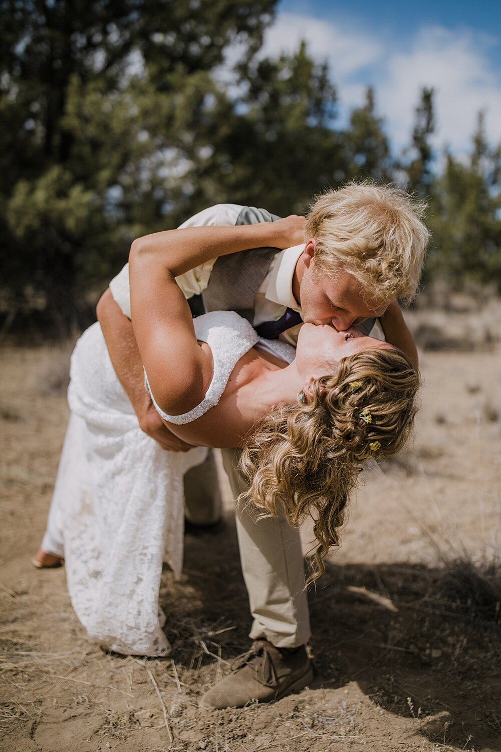 bride and groom dip at smith rock state park, mt hood elopement, mt hood national forest, smith rock state park wedding, smith rock state park hiking elopement, terrebonne oregon backyard wedding