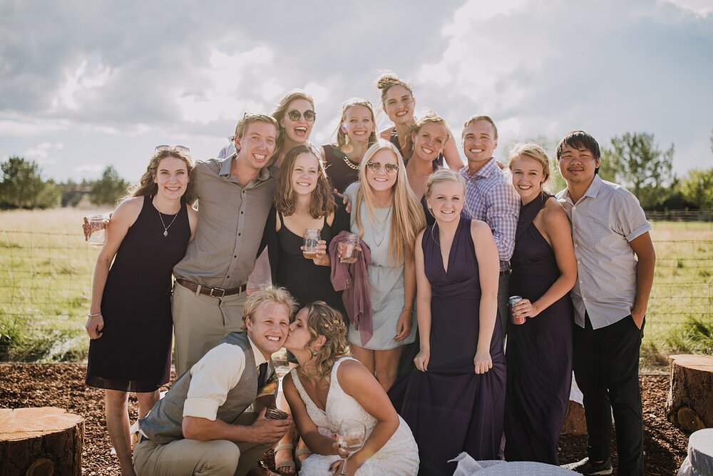 guests mingling cocktail hour at backyard wedding, mt hood elopement, mt hood national forest, smith rock state park wedding, smith rock state park hiking elopement, terrebonne oregon backyard wedding