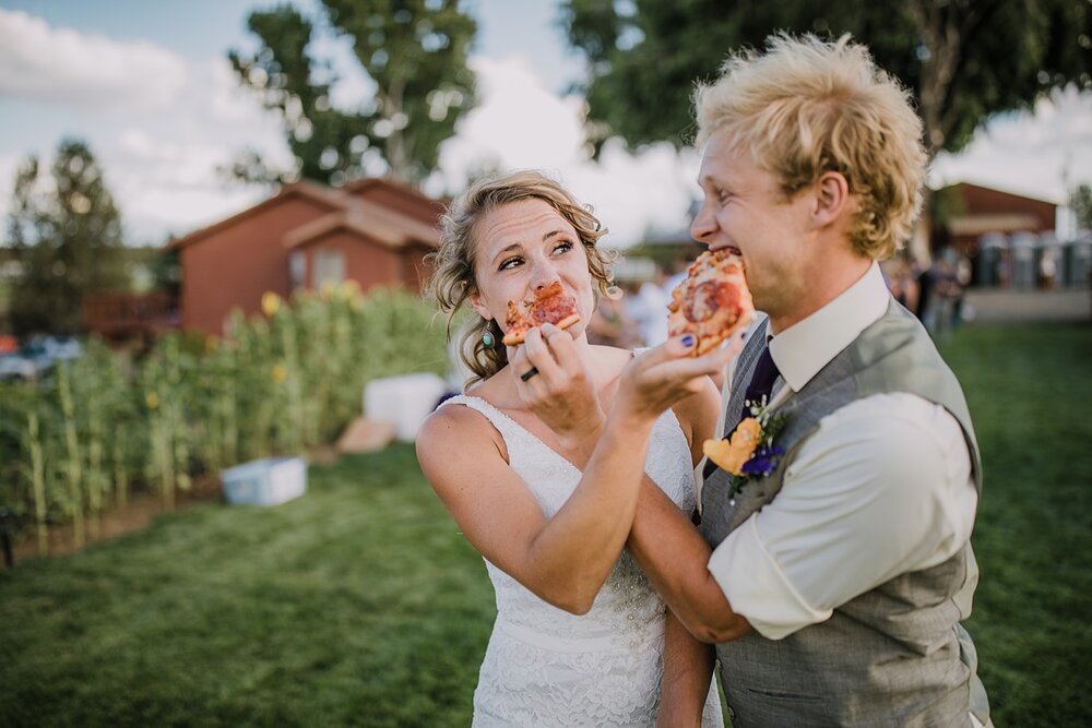 bride and groom pizza cutting at backyard wedding, mt hood elopement, mt hood national forest, smith rock state park wedding, smith rock state park hiking elopement, terrebonne oregon backyard wedding