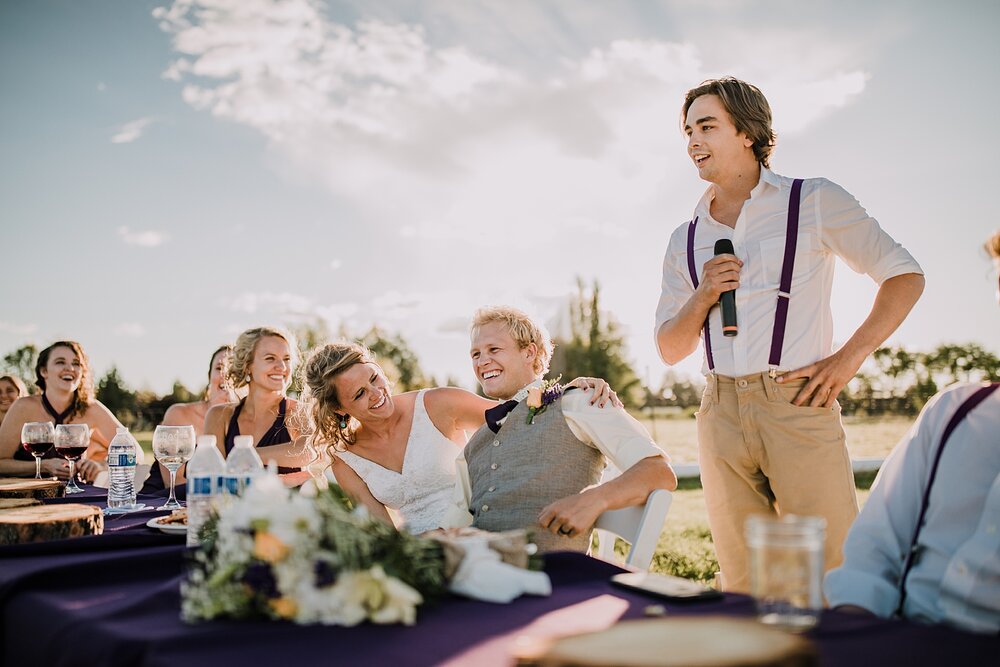 groomsmen giving speech at backyard wedding, mt hood elopement, mt hood national forest, smith rock state park wedding, smith rock state park hiking elopement, terrebonne oregon backyard wedding