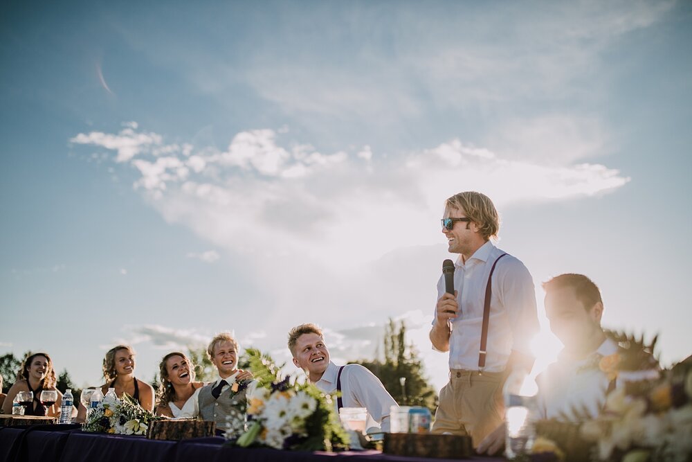 groomsmen giving speech at backyard wedding, mt hood elopement, mt hood national forest, smith rock state park wedding, smith rock state park hiking elopement, terrebonne oregon backyard wedding