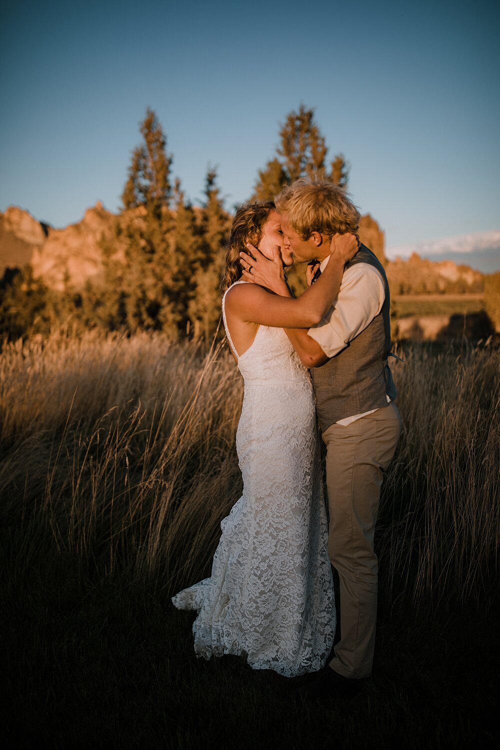 bride and groom watching sunset, mt hood elopement, mt hood national forest, smith rock state park wedding, smith rock state park hiking elopement, terrebonne oregon backyard wedding