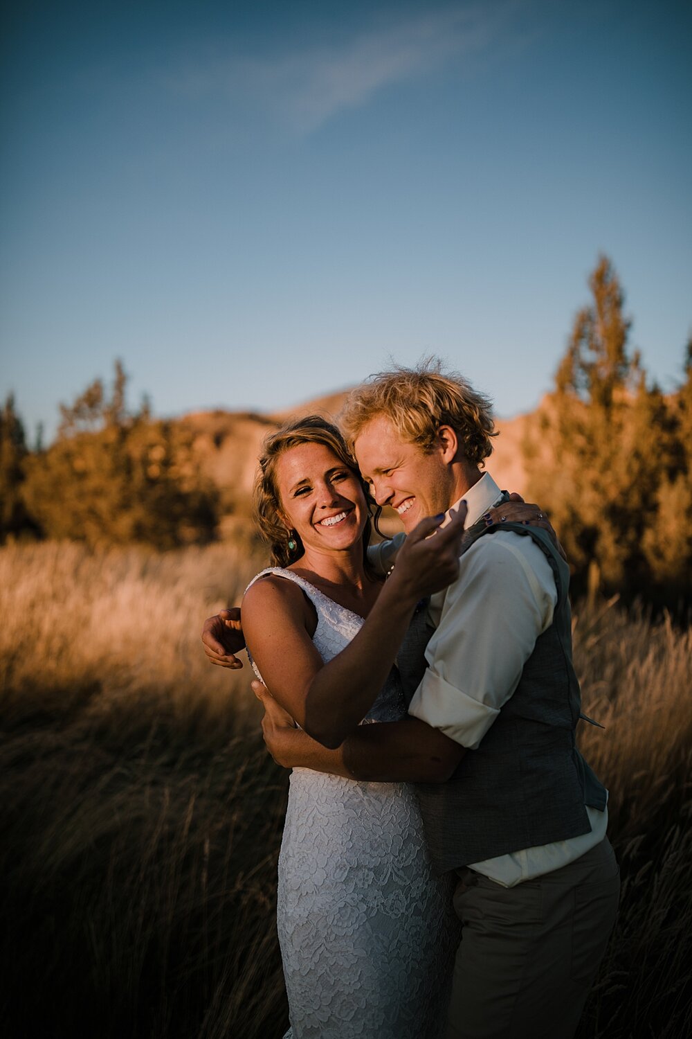 bride and groom watching sunset, mt hood elopement, mt hood national forest, smith rock state park wedding, smith rock state park hiking elopement, terrebonne oregon backyard wedding