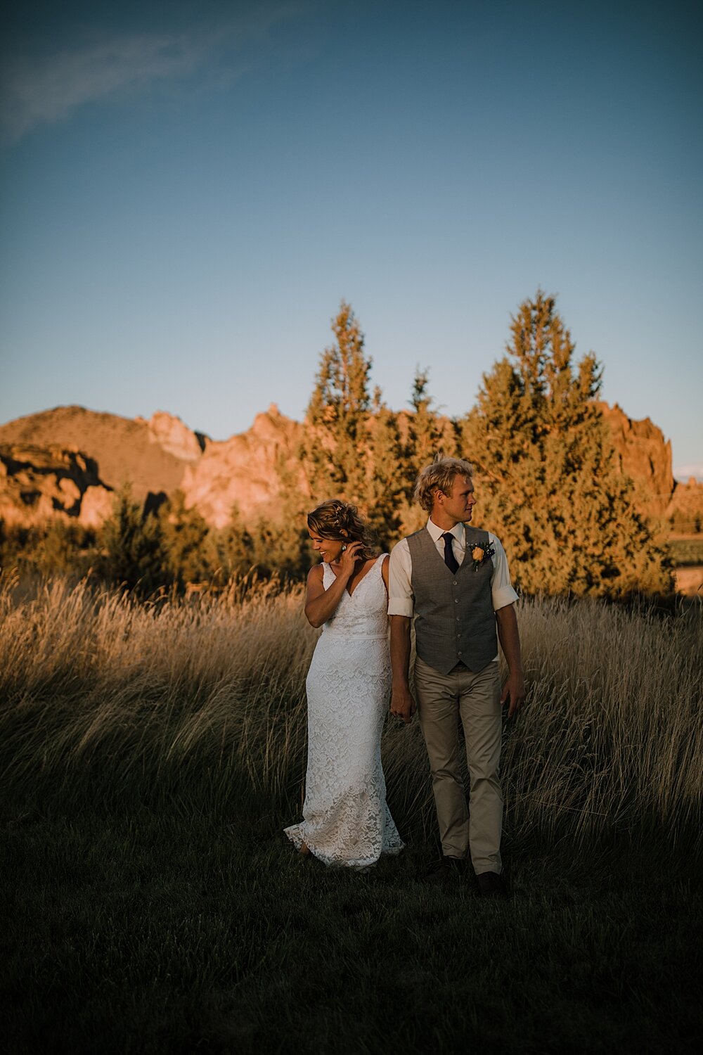 bride and groom watching sunset, mt hood elopement, mt hood national forest, smith rock state park wedding, smith rock state park hiking elopement, terrebonne oregon backyard wedding