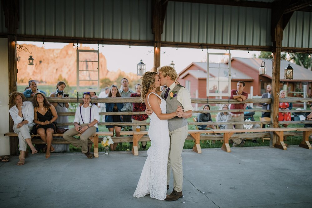 bride and groom first dance at backyard oregon wedding, deschutes national forest wedding, smith rock state park hiking wedding, terrebonne oregon backyard wedding