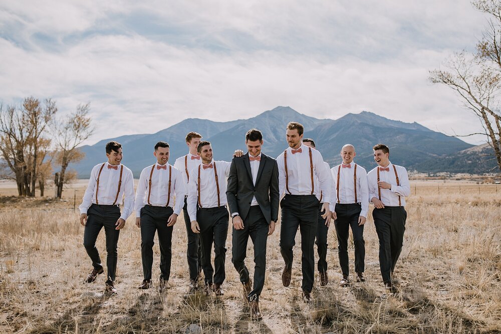 groom and groomsmen, wedding reception, the barn at sunset ranch in buena vista co, buena vista colorado wedding, the barn at sunset ranch wedding, buena vista colorado mountain wedding venue