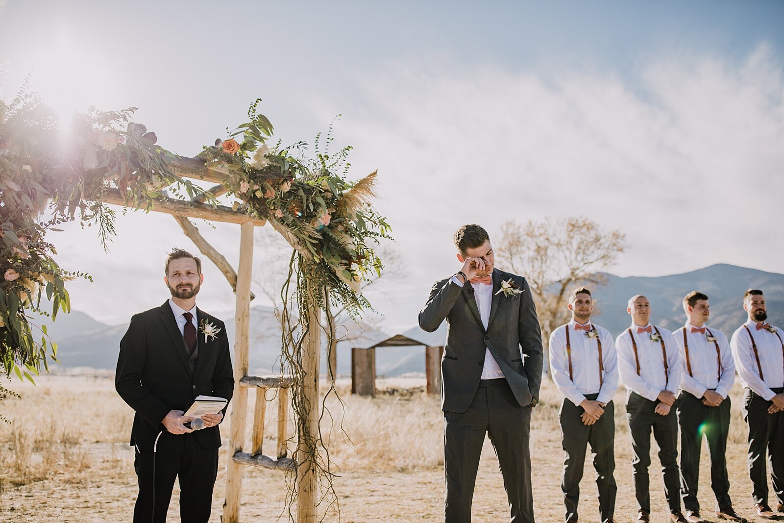 grooms first look, groom crying, the barn at sunset ranch in buena vista co, buena vista colorado wedding, the barn at sunset ranch wedding, buena vista colorado mountain wedding venue