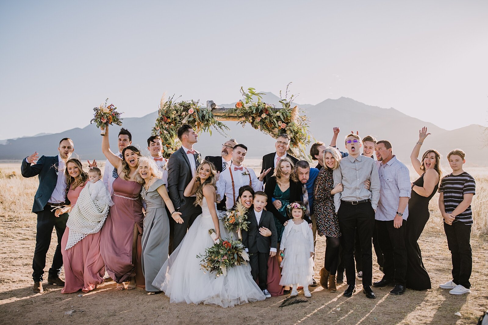 bridal party and family, wedding reception, the barn at sunset ranch in buena vista co, buena vista colorado wedding, the barn at sunset ranch wedding, buena vista colorado wedding venue