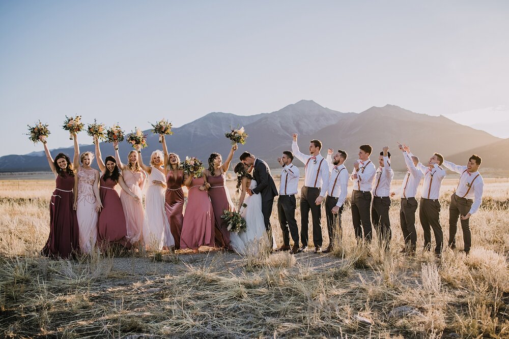 bridal party, wedding reception, the barn at sunset ranch in buena vista co, buena vista colorado wedding, the barn at sunset ranch wedding, buena vista colorado mountain wedding venue