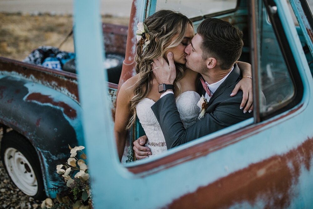 bride and groom with elwood the old ford truck, the barn at sunset ranch in buena vista co, buena vista colorado wedding, the barn at sunset ranch wedding, buena vista colorado wedding venue