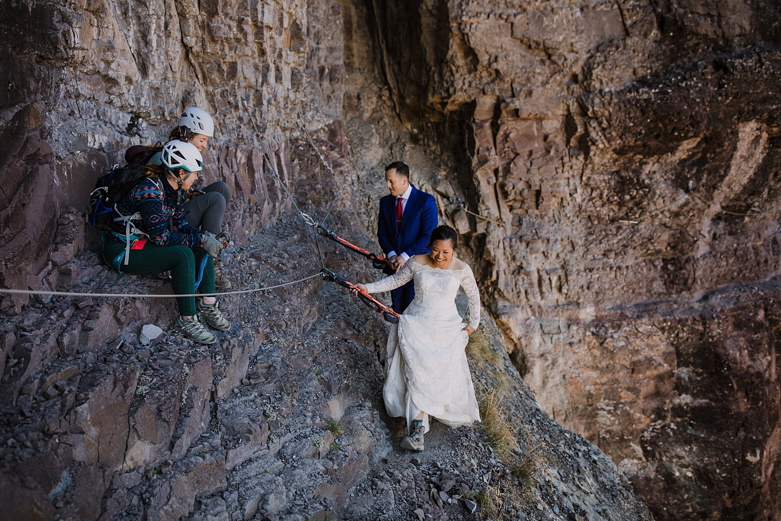 climbers congratulate the bride and groom, hiking the telluride via ferrata, eloping in telluride valley, telluride mountain elopement, telluride wedding, telluride colorado hiking 