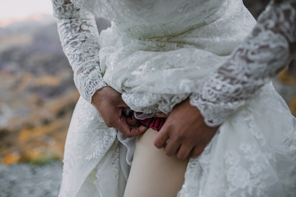 bridal climbing harness, rocky mountain range elopement, rocky mountain climbing elopement, san juan climbing, pipeline climbing elopement