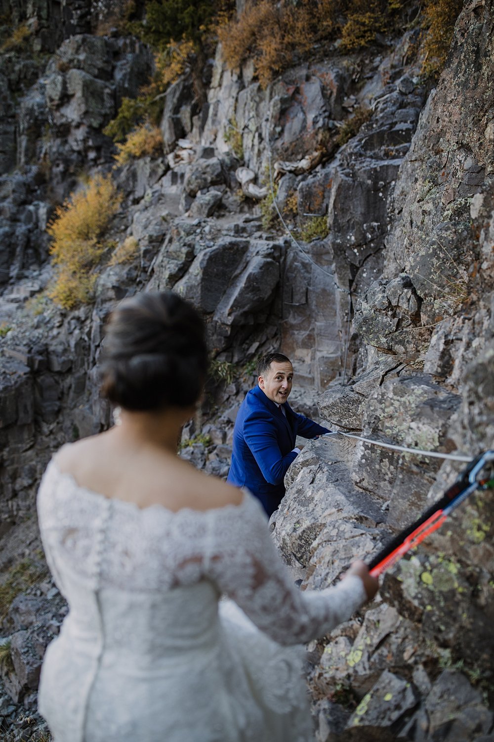 couple climbing together, telluride via ferrata elopement, black bear pass elopement, sunrise hiking elopement, san juan mountain elopement, bridal veil falls elopement, via ferrata climbing gear