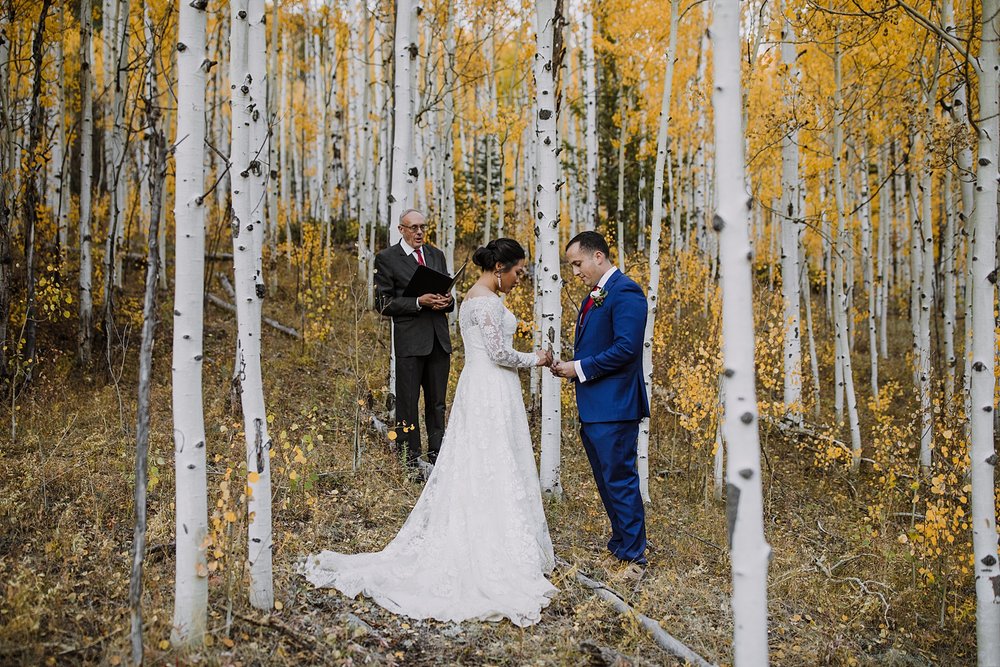 bride and groom elopement ceremony, colorado fall elopement, rocky mountain elopement, high alpine mountain elopement, lake hope elopement, ophir pass elopement