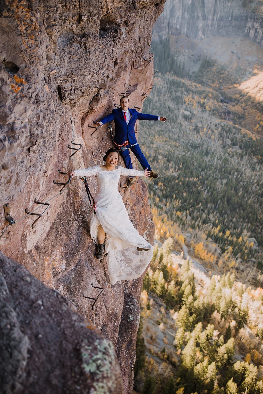 bride and groom climbing, high alpine elopement, southern colorado hiking elopement, climbing couple, climbing in a wedding dress, hiking in a wedding dress, hiking in a tux