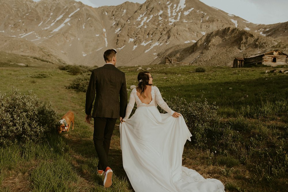 elopement first look, bride and groom first look, mountain hiking elopement, mayflower gulch elopement, colorado wildflowers, mayflower gulch mining cabins, leadville colorado elopement