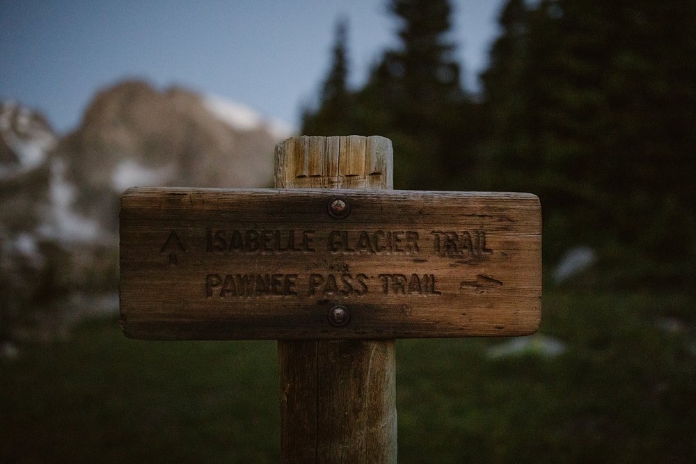 sign on pawnee pass trail, mountain hiking elopement, lake isabelle elopement, colorado rocky mountains elopement, sunrise elopement