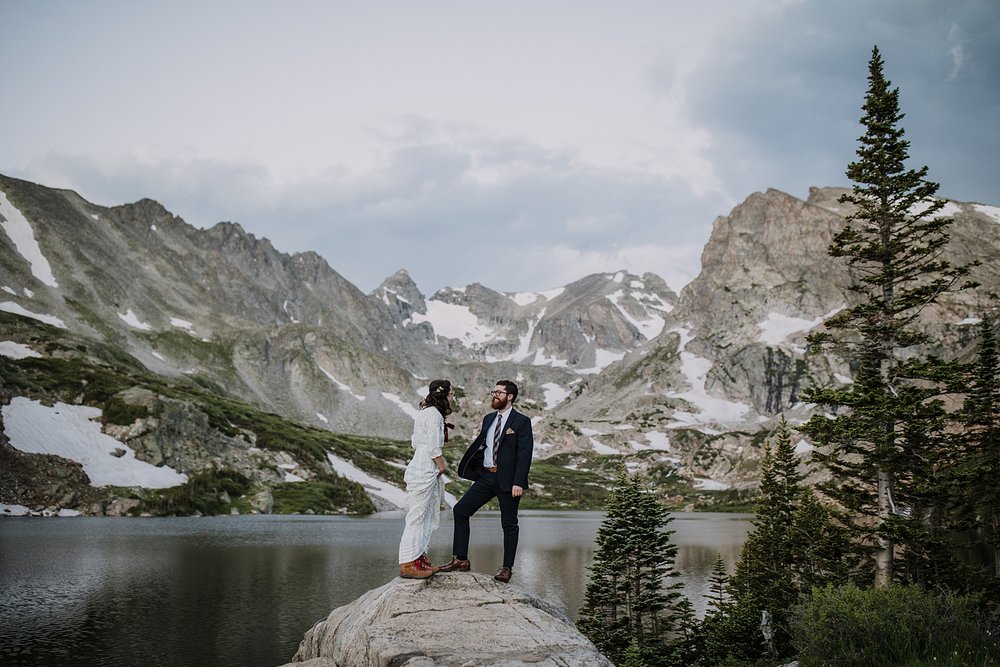 bride and groom first look, summer morning elopement, rocky mountain national park elopement, hiking the continental divide, colorado rockies elopement, glacier lake elopement