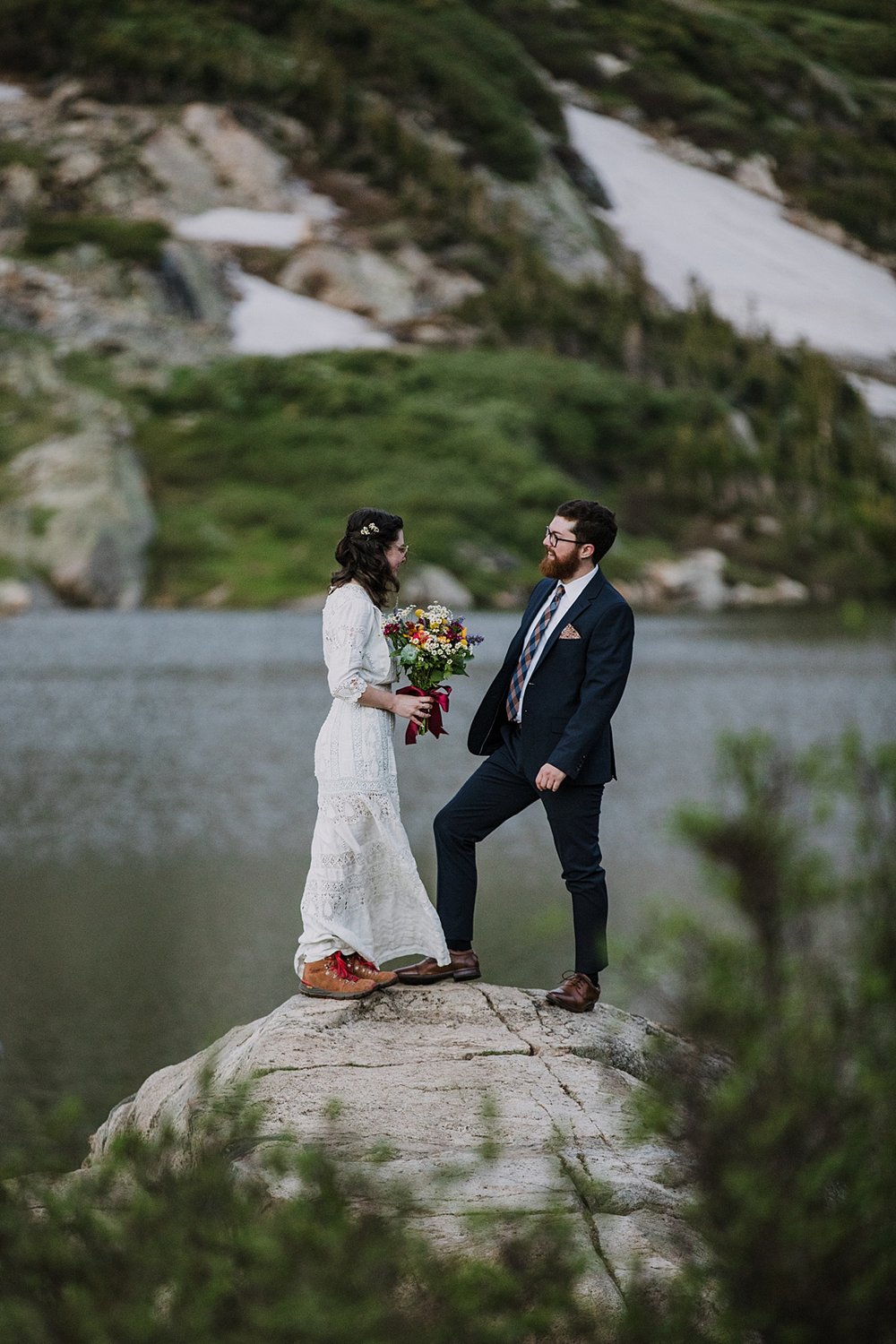 bride and groom first look, summer morning elopement, rocky mountain national park elopement, hiking the continental divide, colorado rockies elopement, glacier lake elopement