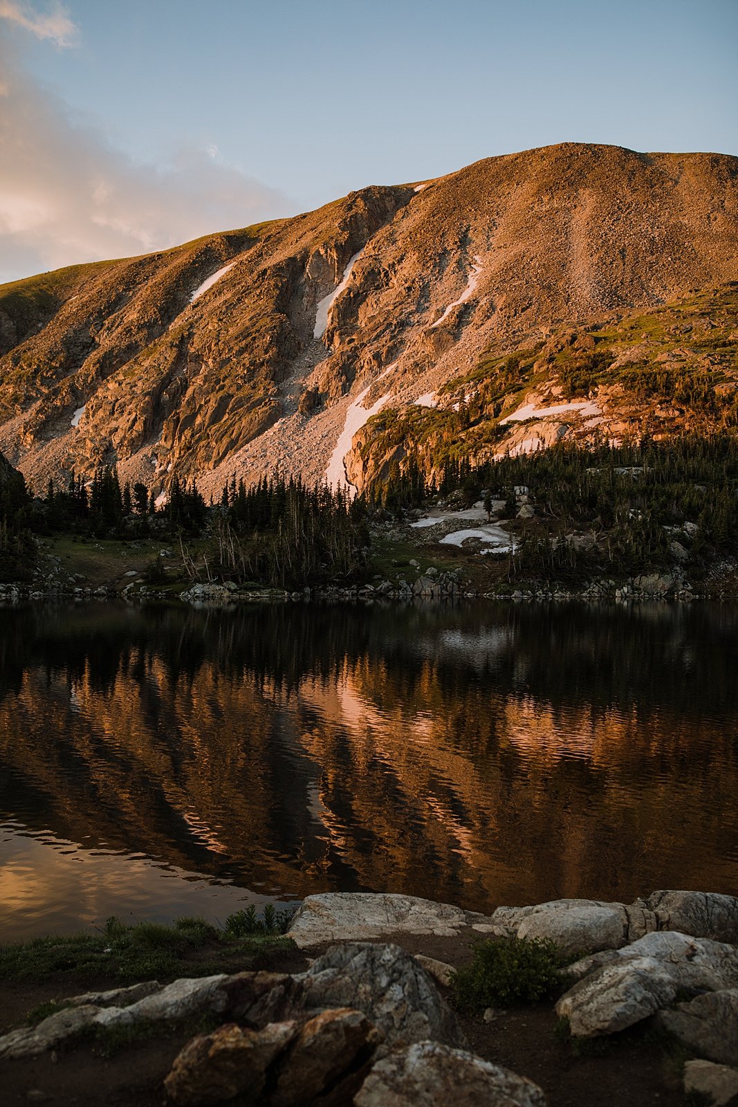 reflection on lake isabelle, alpenglow reflection on alpine lake, self solemnizing in colorado, self solemnizing ceremony, snow laiden peaks, pine forest elopement