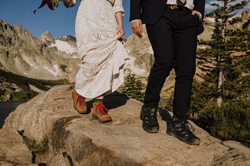 elopement couples hiking shoes, colorado alpine lake elopement, summer glacier elopement, summer in the rocky mountains