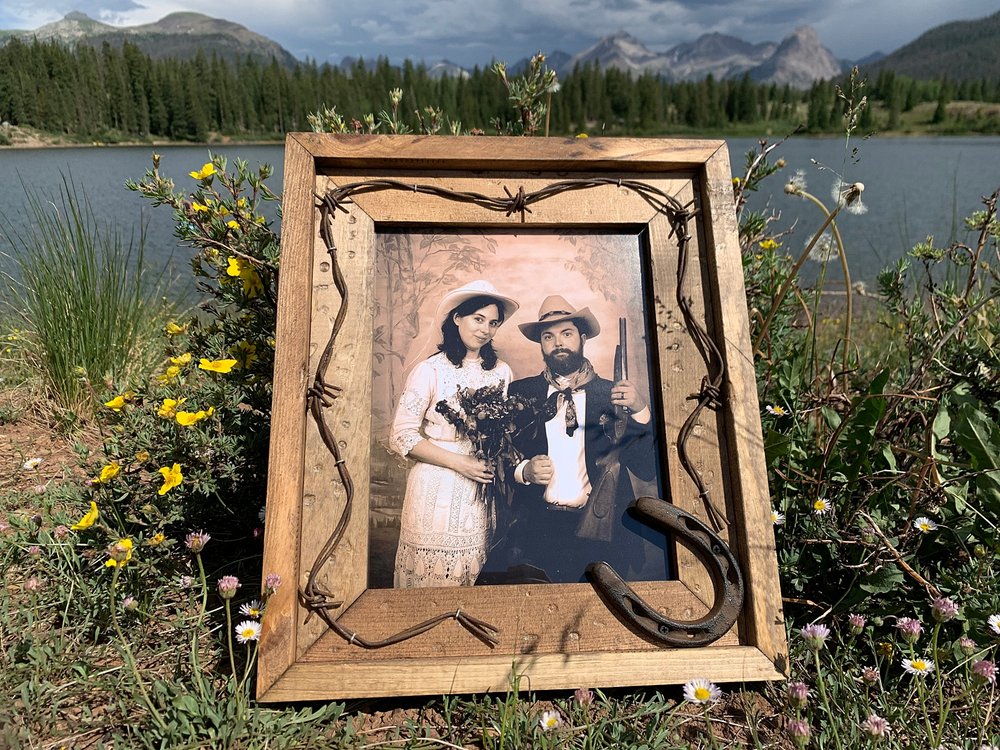 western wedding couple sepia toned framed photograph, silverton colorado, honeymoon roadtrip adventure, honeymoon camping, honeymoon roadtrip, southern colorado mountains, san juan range