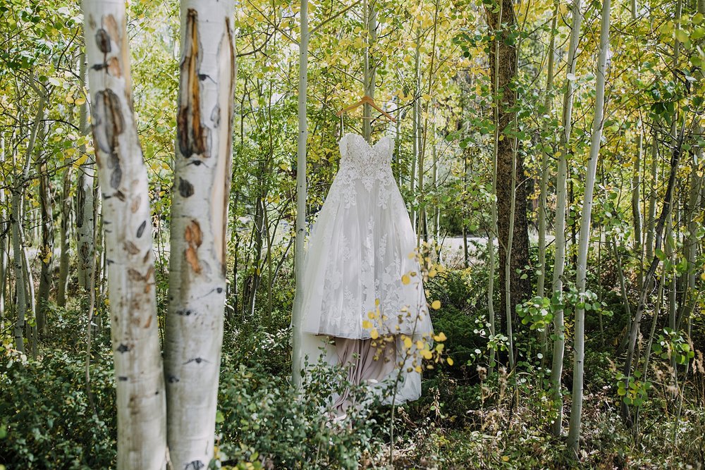 wedding dress hanging in aspen trees, breckenridge autumn leaves, aspen leaves changing, fall aspen wedding, colorado aspen leaves, colorado fall wedding, summit county fall colors