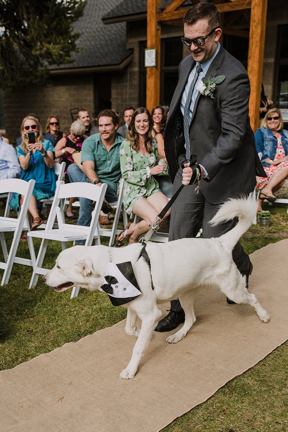 dog in wedding processional, carter park pavilion wedding venue, evening garden wedding in breckenridge colorado, end of summer wedding in breckenridge, town of breckenridge wedding