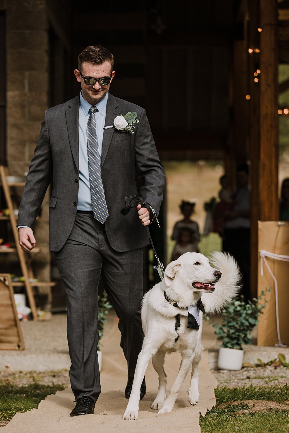 dog in wedding processional, carter park pavilion wedding venue, evening garden wedding in breckenridge colorado, end of summer wedding in breckenridge, town of breckenridge wedding