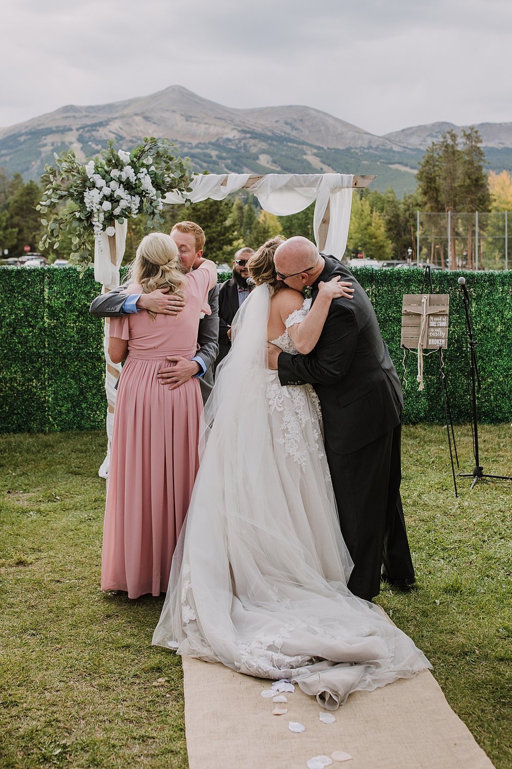 father of bride gives bride away, breckenridge bride, breckenridge colorado fall wedding, carter park pavilion fall wedding, intimate wedding reception at carter park pavilion in breckenridge