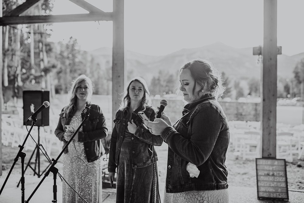 bridesmaids singing to couple, bridesmaid speech ideas, carter park outdoor reception, breckenridge colorado outdoor wedding, summer wedding on breckenridge mountain, summer mountain wedding