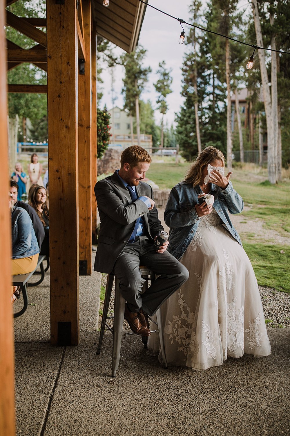 bride crying during speech, bridesmaid speech ideas, carter park outdoor reception, breckenridge colorado outdoor wedding, summer wedding on breckenridge mountain, summer mountain wedding