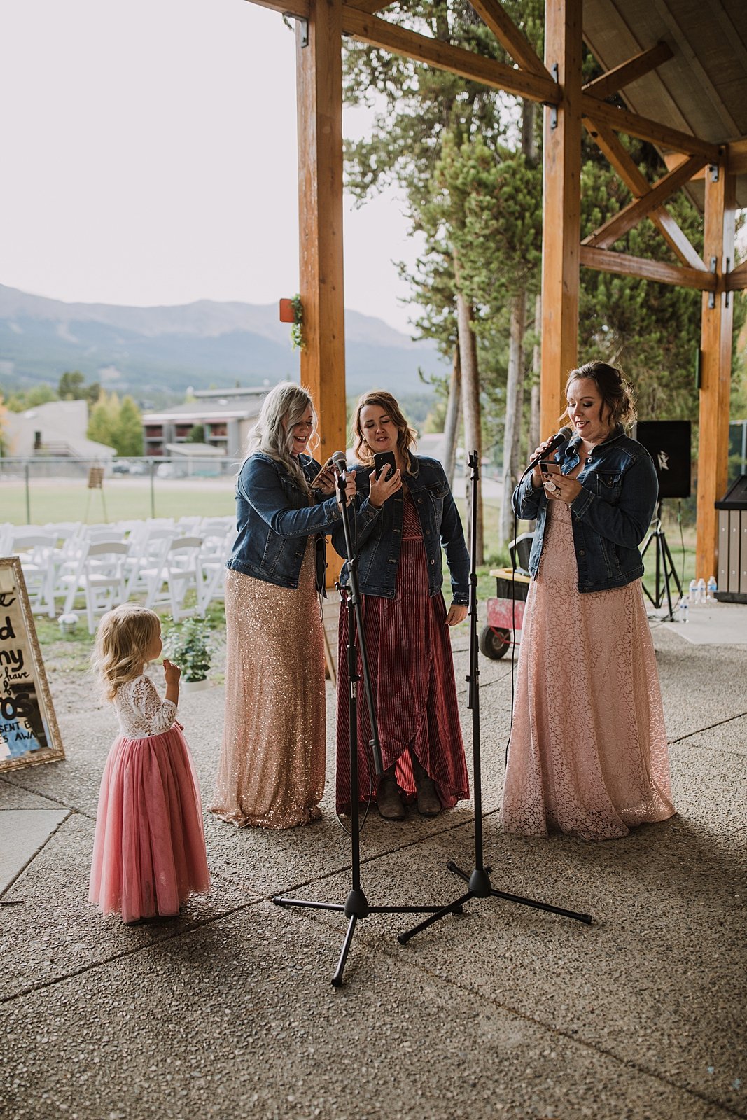 bridesmaids singing to couple, bridesmaid speech ideas, carter park outdoor reception, breckenridge colorado outdoor wedding, summer wedding on breckenridge mountain, summer mountain wedding