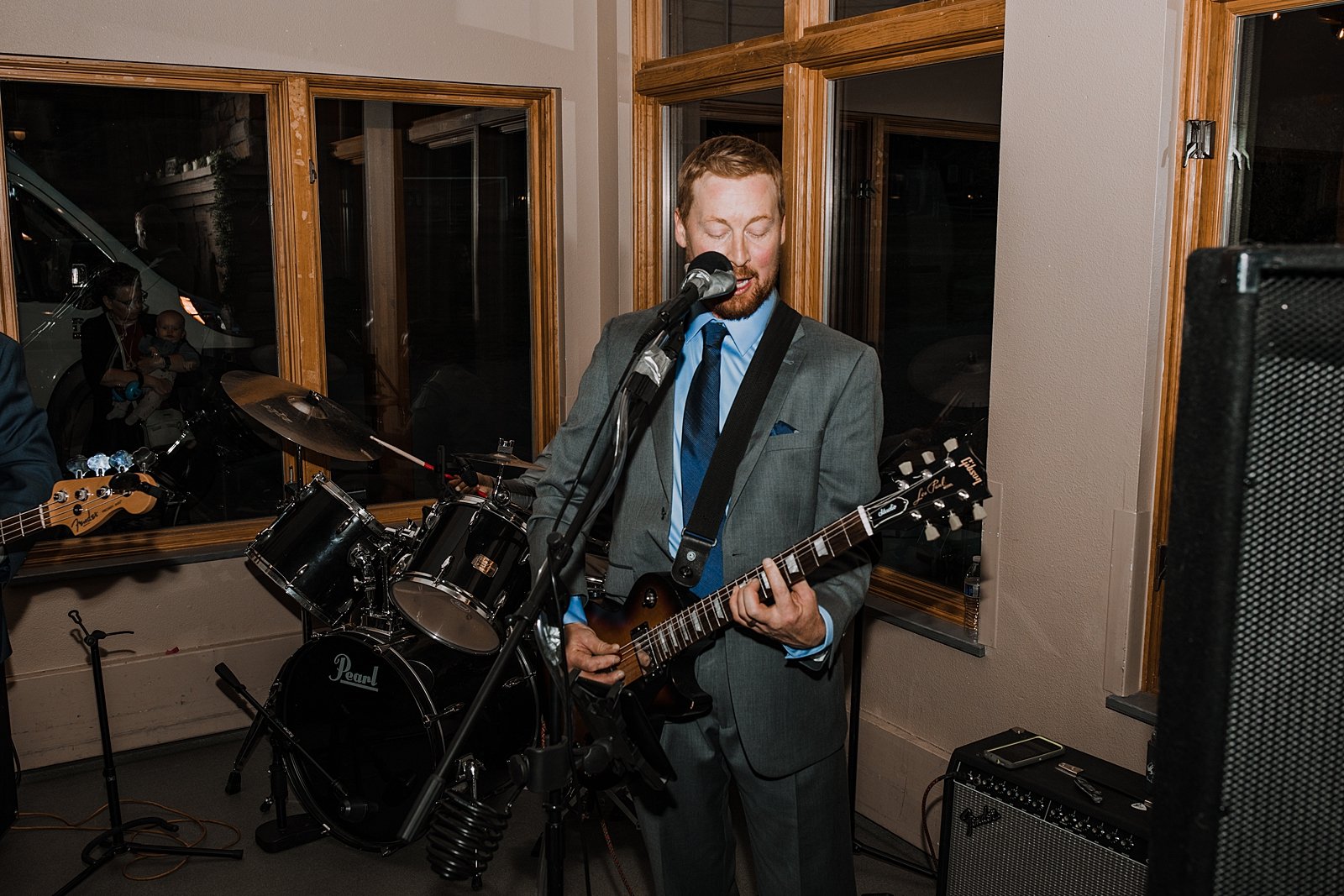 groom playing with the band, carter park pavilion dance floor, carter park pavilion dance reception, breckenridge historic district wedding reception, breckenridge wedding photographer