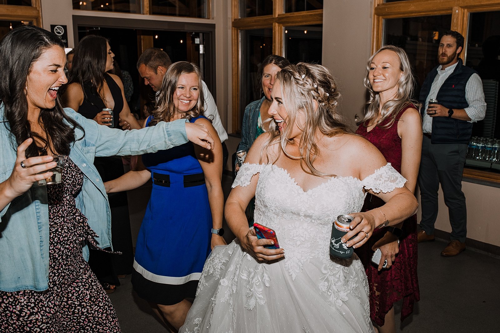 bride dancing with wedding guests, carter park pavilion dance floor, carter park pavilion dance reception, breckenridge historic district wedding reception, breckenridge wedding photographer