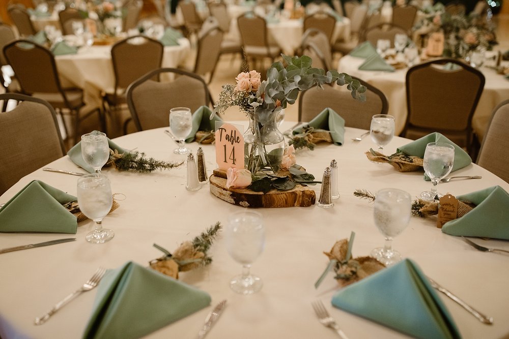 reception tables, pink and green sage wedding details, silverthorne pavilion reception space, silverthorne pavilion wedding reception, mountain wedding decor, silverthorne colorado wedding reception