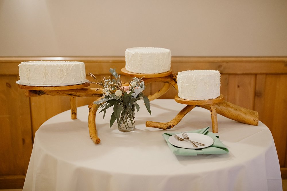 wedding cake, pink and green sage wedding details, silverthorne pavilion reception space, silverthorne pavilion wedding reception, mountain wedding decor, silverthorne colorado wedding reception