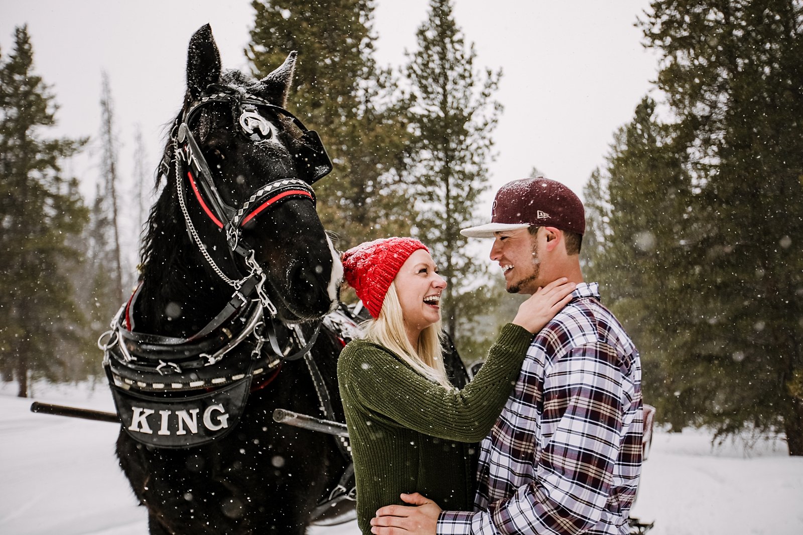 couple laughing during golden horseshoe sleigh ride, golden horse shoe sleigh ride proposal, snowy breckenridge sleigh ride, golden horseshoe sleigh ride wedding, breckenridge sleigh ride wedding