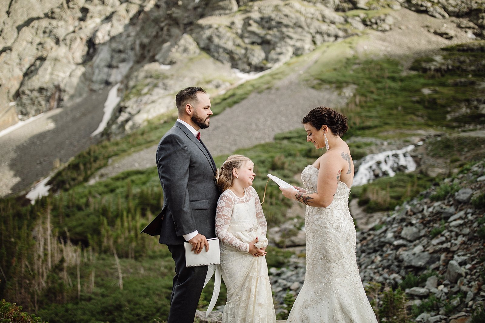 couple sharing handwritten vows, kids included in wedding, kid friendly elopement, blue lakes elopement, bald mountain elopement, mt quandary elopement, crystal lakes elopement, mohawk lakes elopement